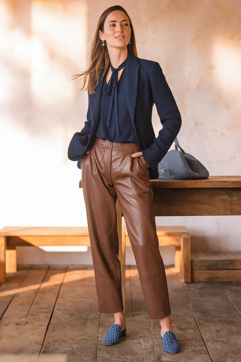 fall outfits ideas 2025 Boardroom-to-Brunch Leather Mix