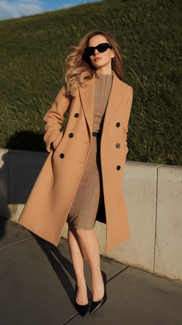 fall outfits ideas 2025 Camel Coat, Checked Confidence