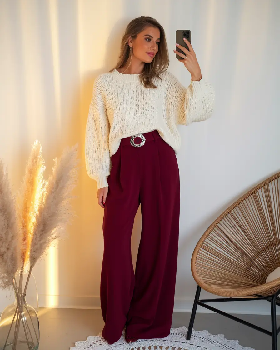 Fall outfits ideas for a fashionable 2025 lookbook+Burgundy Trousers and Soft Neutrals