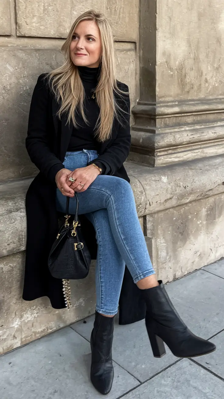 fall outfits with boots - trendy ideas 2025 Parisian Noir Meets American Denim