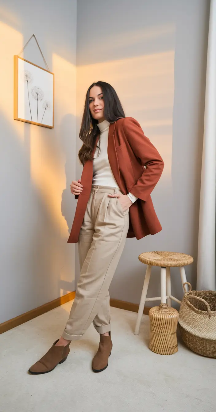 fall transition outfits ideas 2025 Terracotta Tailoring with Soft Neutrals