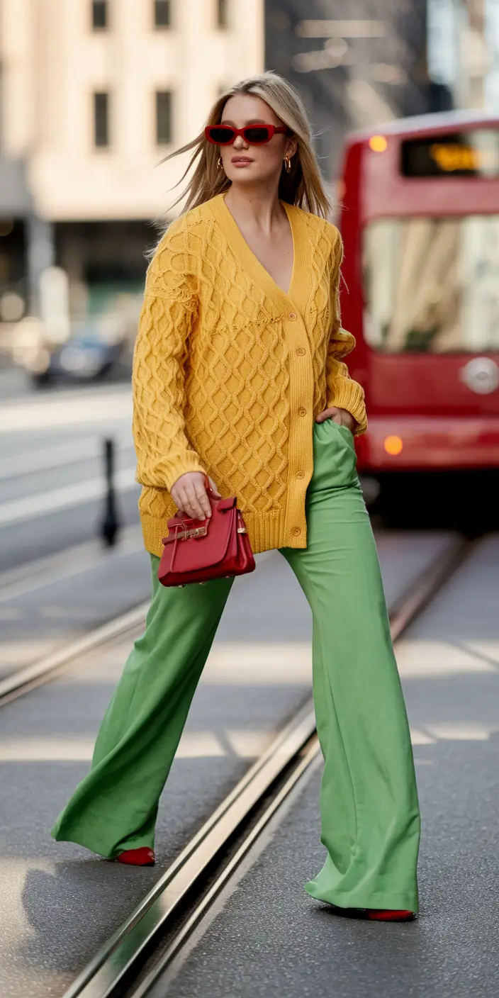 fall transition outfits ideas 2025 Sunshine Cable & Emerald Trousers