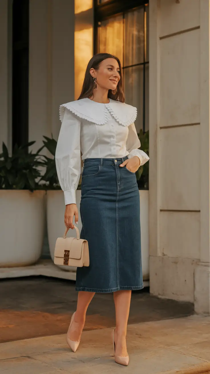 fall transition outfits ideas 2025 Statement Collar & Denim Midi