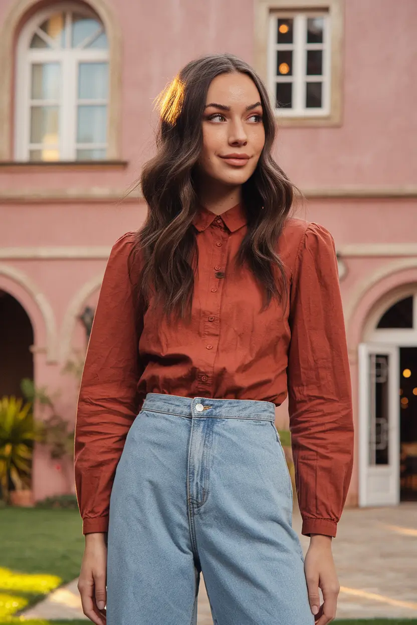 fall transition outfits ideas 2025 Rust-Toned Classic With Retro Denim
