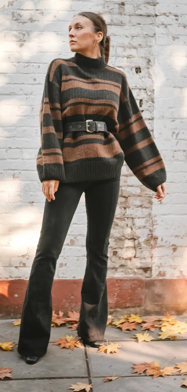 fall transition outfits ideas 2025 Belted Stripes & Black Flares