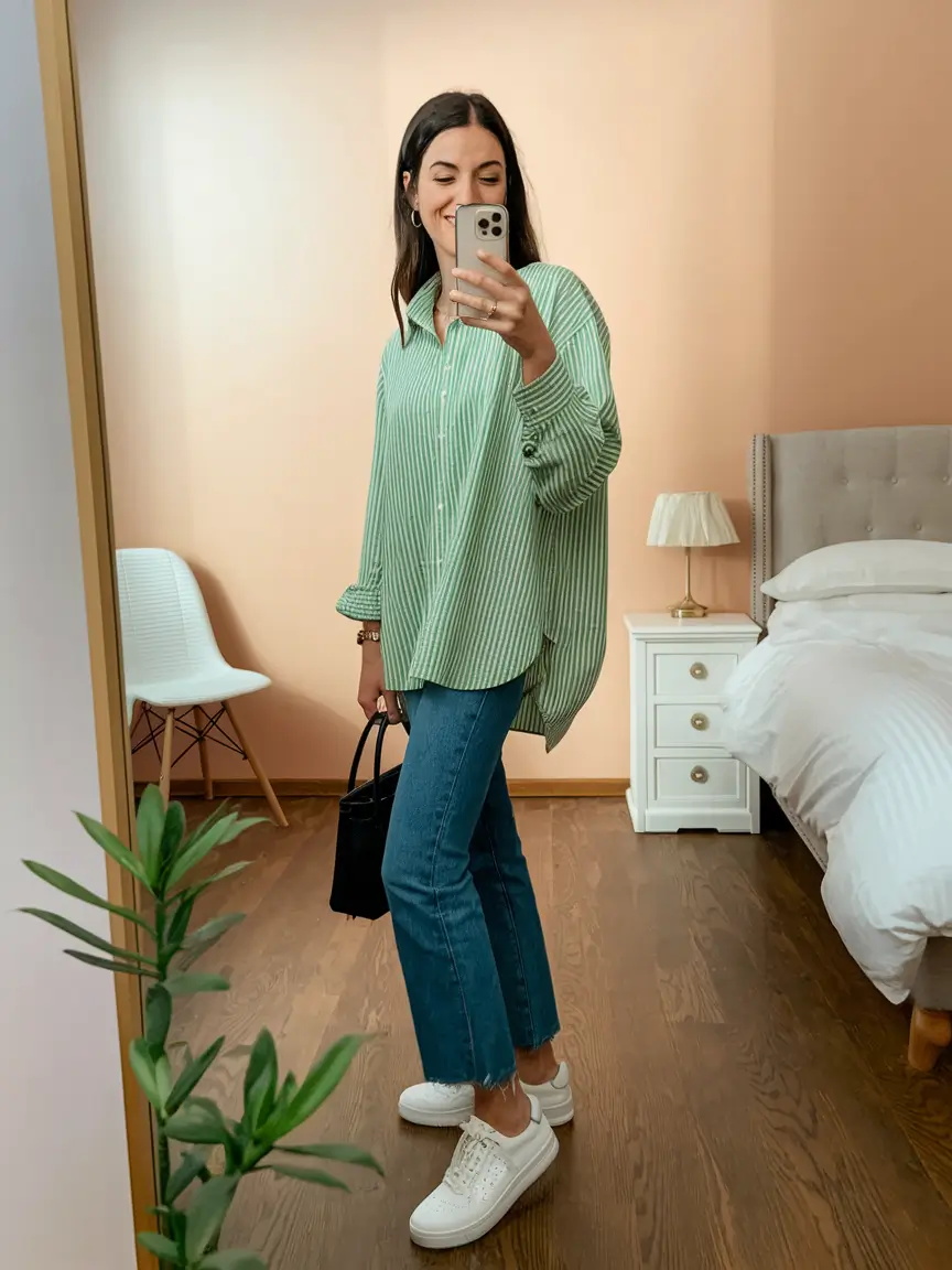 fall transition outfits ideas 2025 Minty Stripes & Cropped Flares