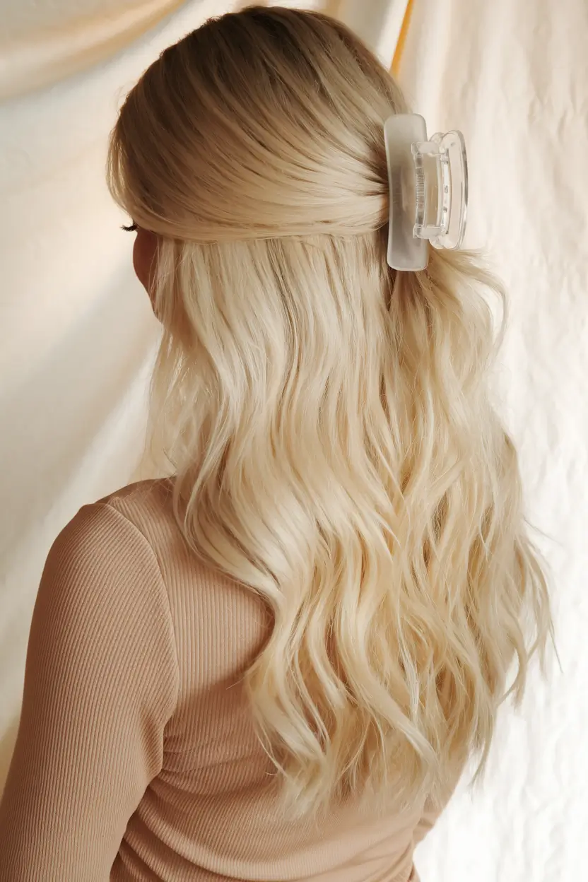 first day of school hairstyles 2025 Soft Blonde Waves with a Claw Clip