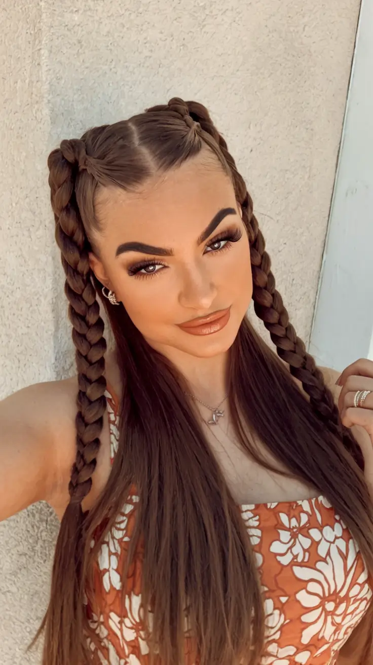 first day of school hairstyles 2025 Double Braided Pigtails with Sleek Finish