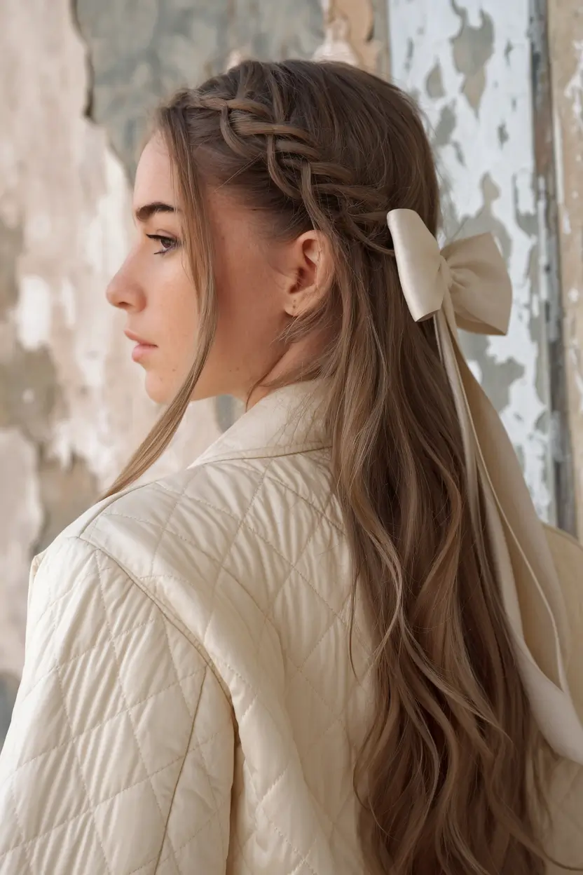 first day of school hairstyles 2025 Romantic Side Braid with Ribbon Detail