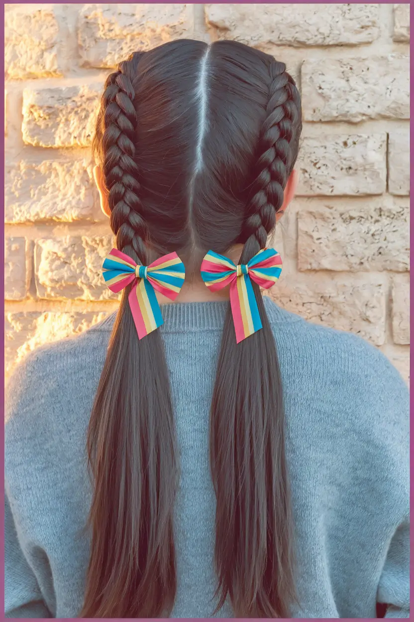 first day of school hairstyles 2025 Twin Braids with Rainbow Bows