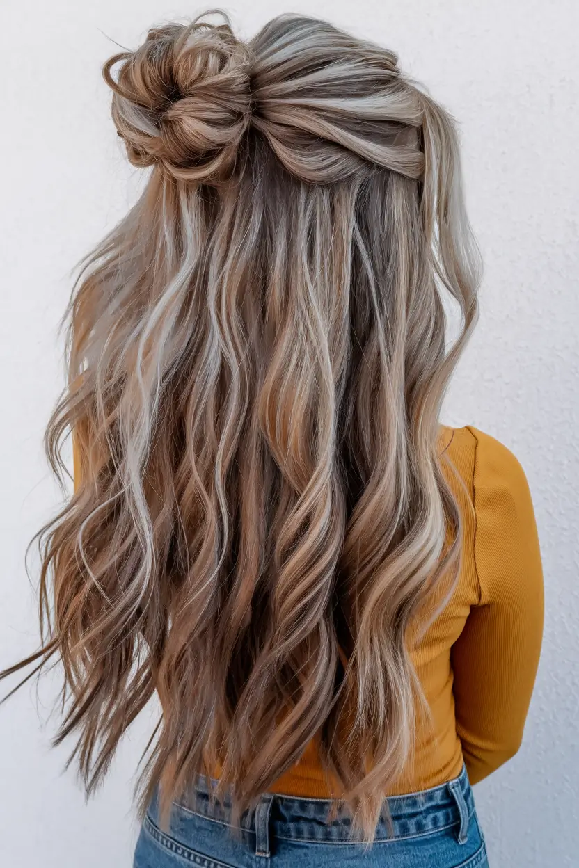 first day of school hairstyles 2025 Wavy Half-Up Top Knot