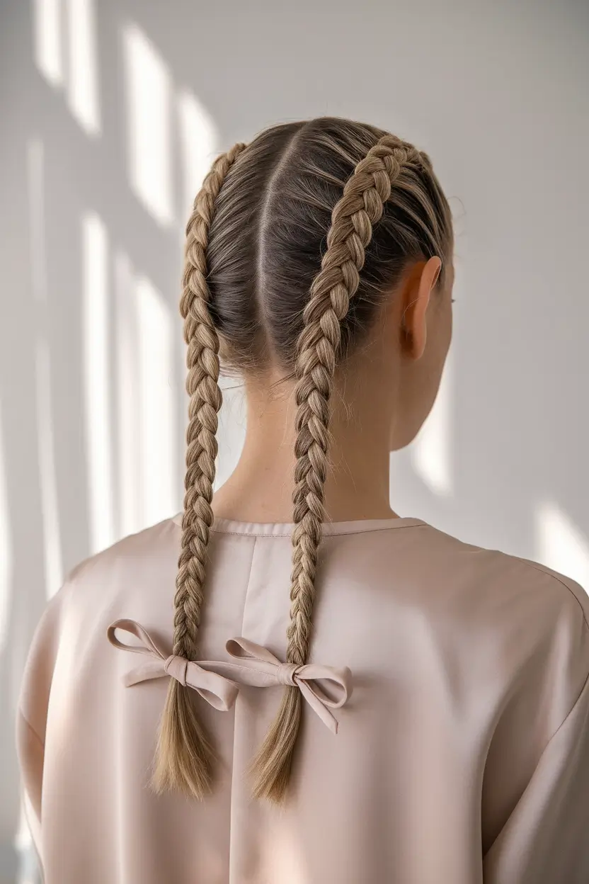 first day of school hairstyles 2025 Tight Dutch Braids with Tiny Bows