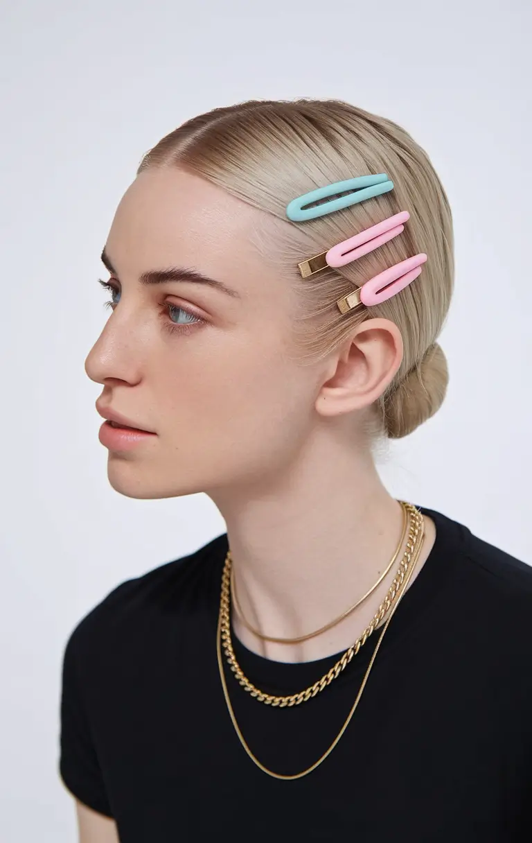 first day of school hairstyles 2025 Minimalist Slicked Bun with Colorful Barrettes