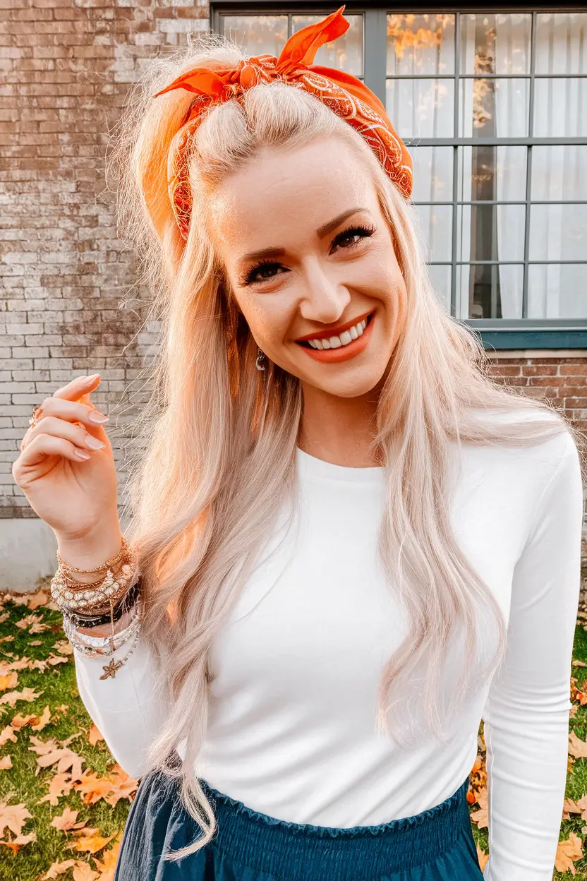hairstyles for fourth of july Half-Up Ribbon Bandana Style with Loose Waves