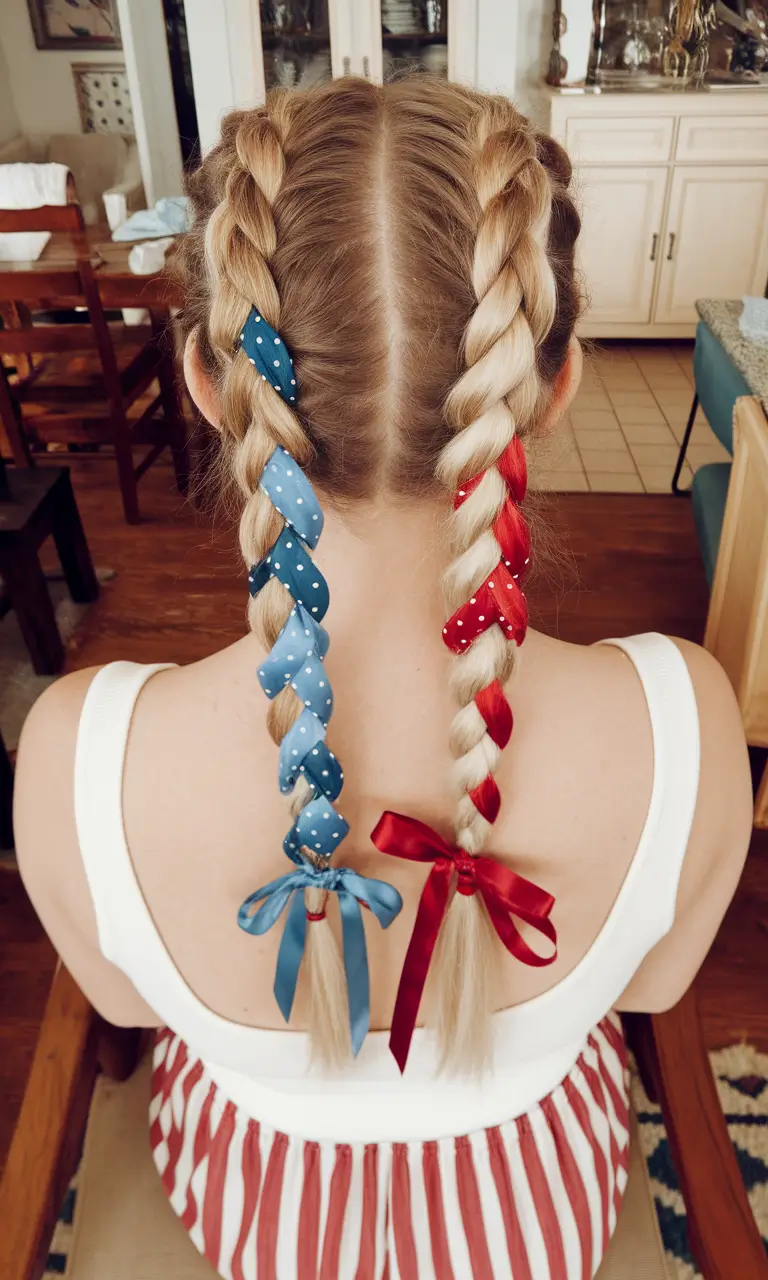 4th of july hairstyles with ribbons Patriotic Braided Ribbons in Double Dutch Braids
