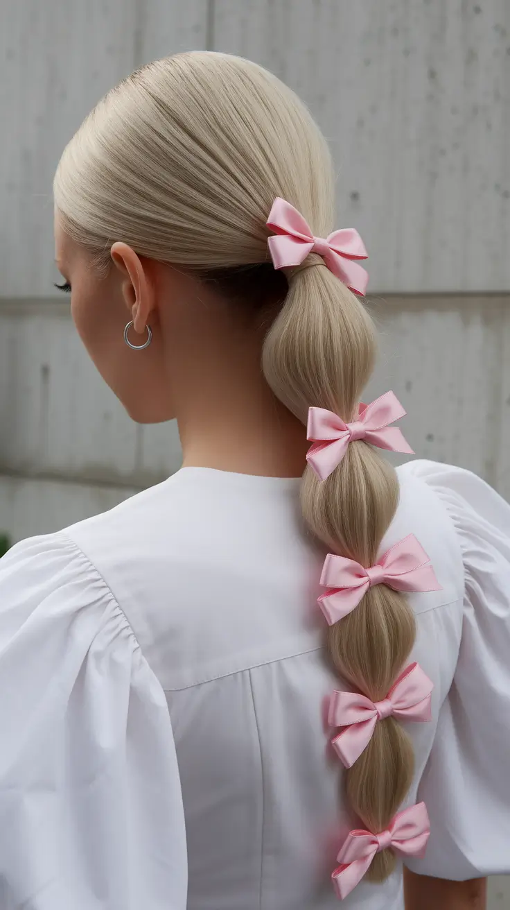 bride 4th of july hairstyles Sculpted Bubble Braid with Matching Pink Bows