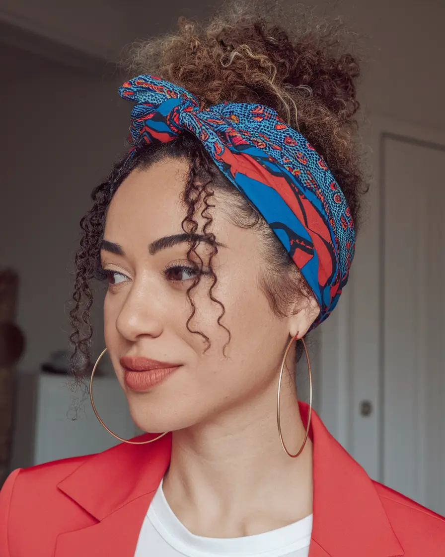 4th of july hairstyles with curly hair Curly High Puff with a Bold Headwrap
