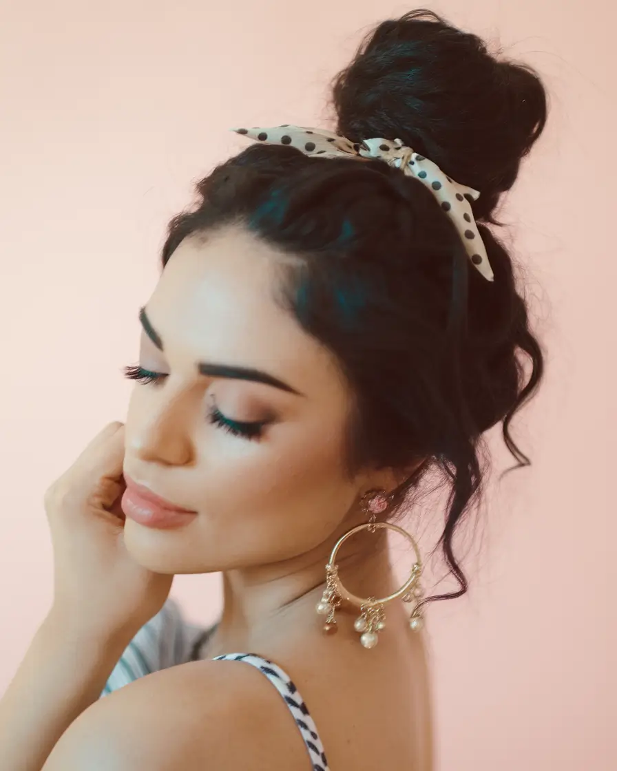 hairstyles for the 4th of july Messy Top Knot with a Polka Dot Ribbon