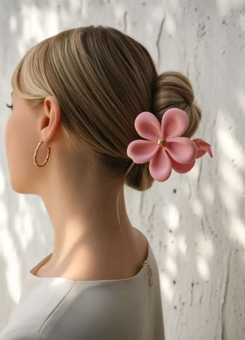 4th of july hairstyles aesthetic Twisted Low Bun with a Statement Flower Clip