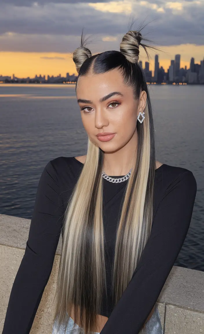 hairstyles for school 2025 Slick High Space Buns with Long Length