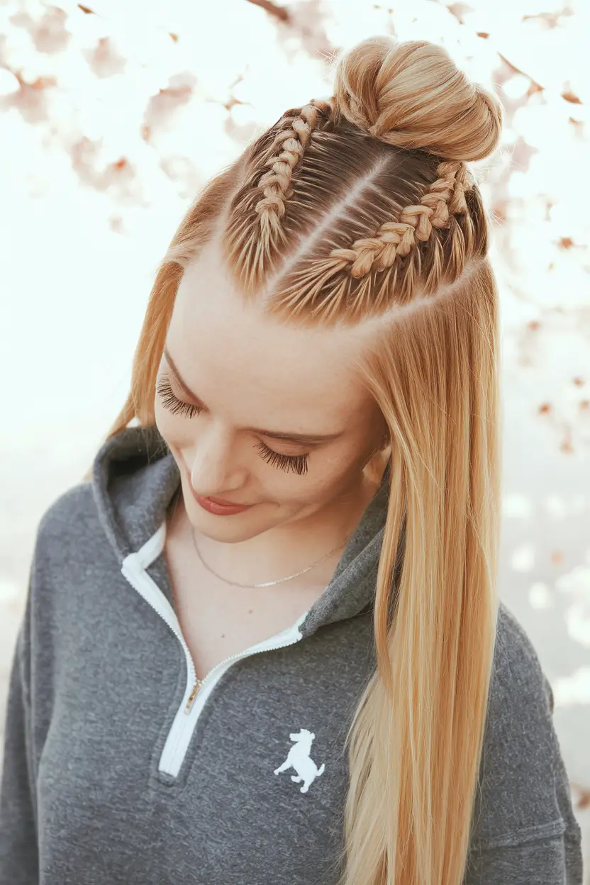 hairstyles for school 2025 Mini Braided Top Knot with Center Part