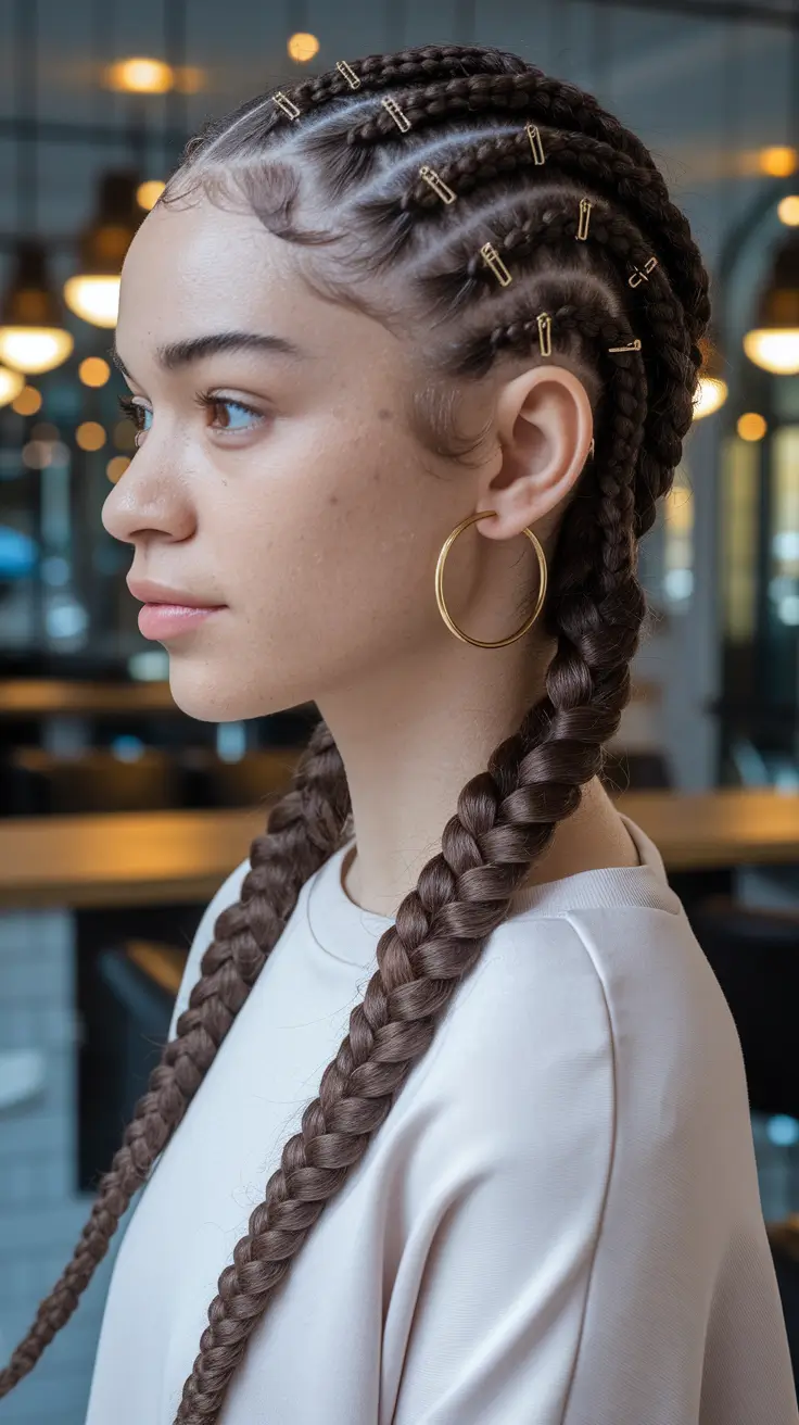 hairstyles for school 2025 Cornrow Grid with Gold Accessories