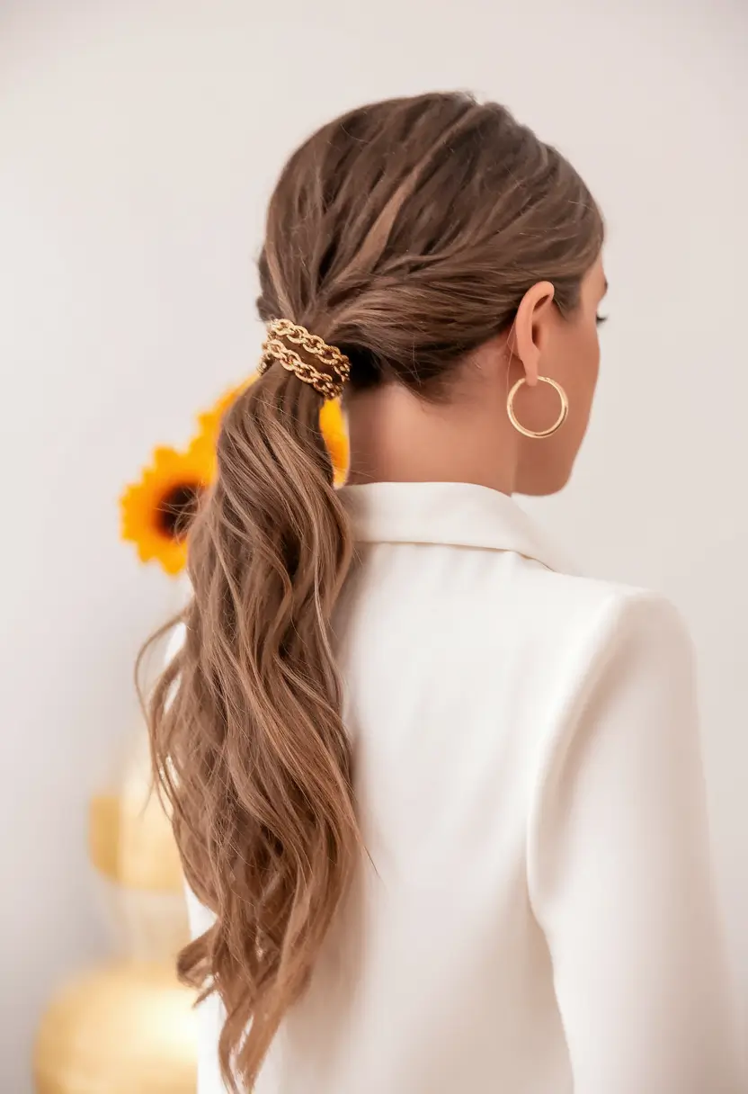 labor day hairstyles 2025 Twisted Low Ponytail with Gold Chain Detail