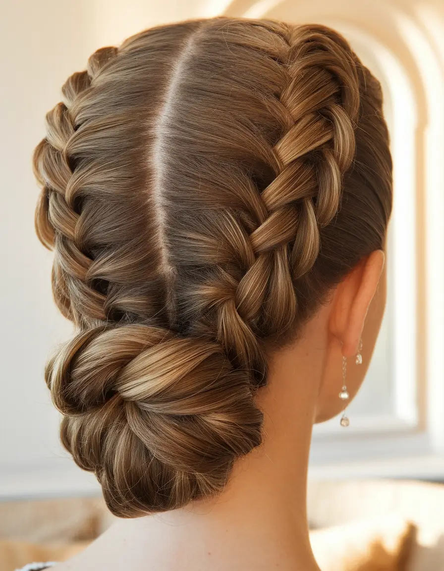 labor day hairstyles 2025 Double Dutch Braids into a Sleek Bun