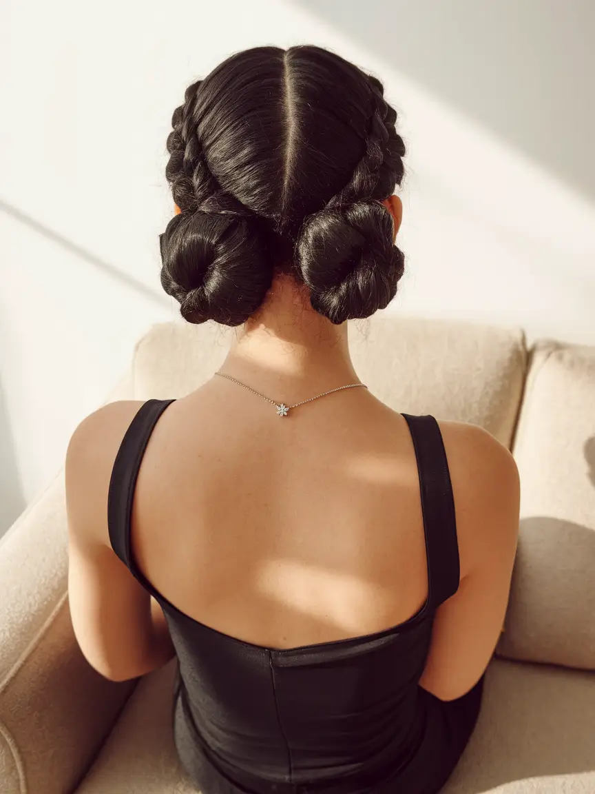 labor day hairstyles 2025 Milkmaid Braids into Low Double Buns