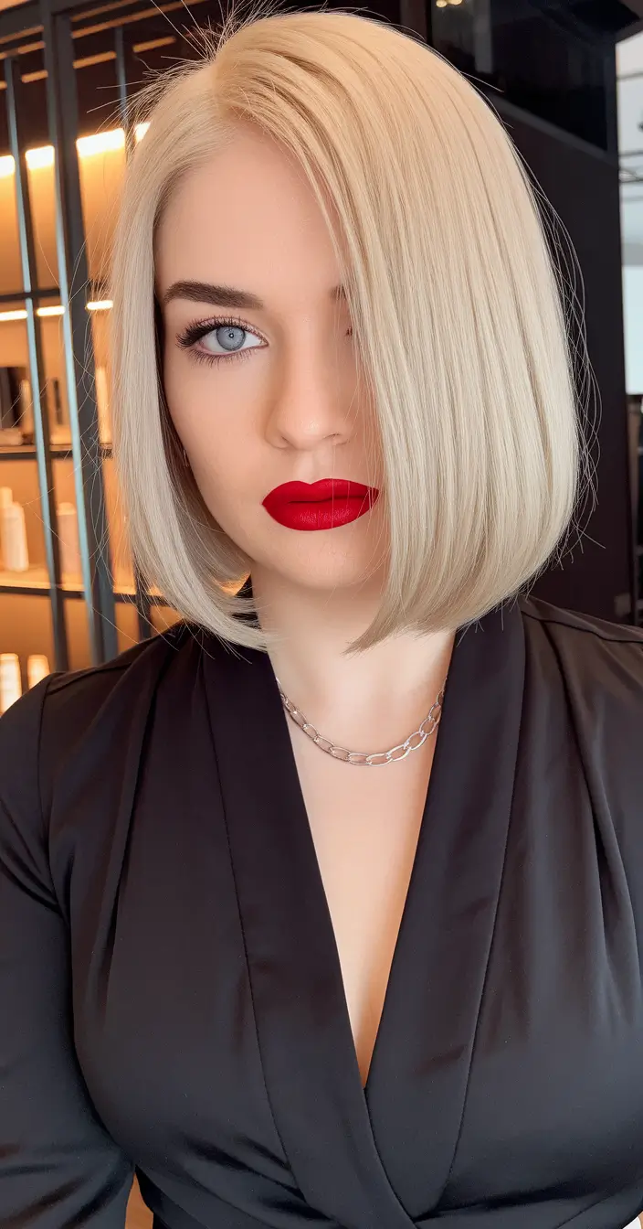 labor day hairstyles 2025 Asymmetrical Chin-Length Bob in Ice Blonde