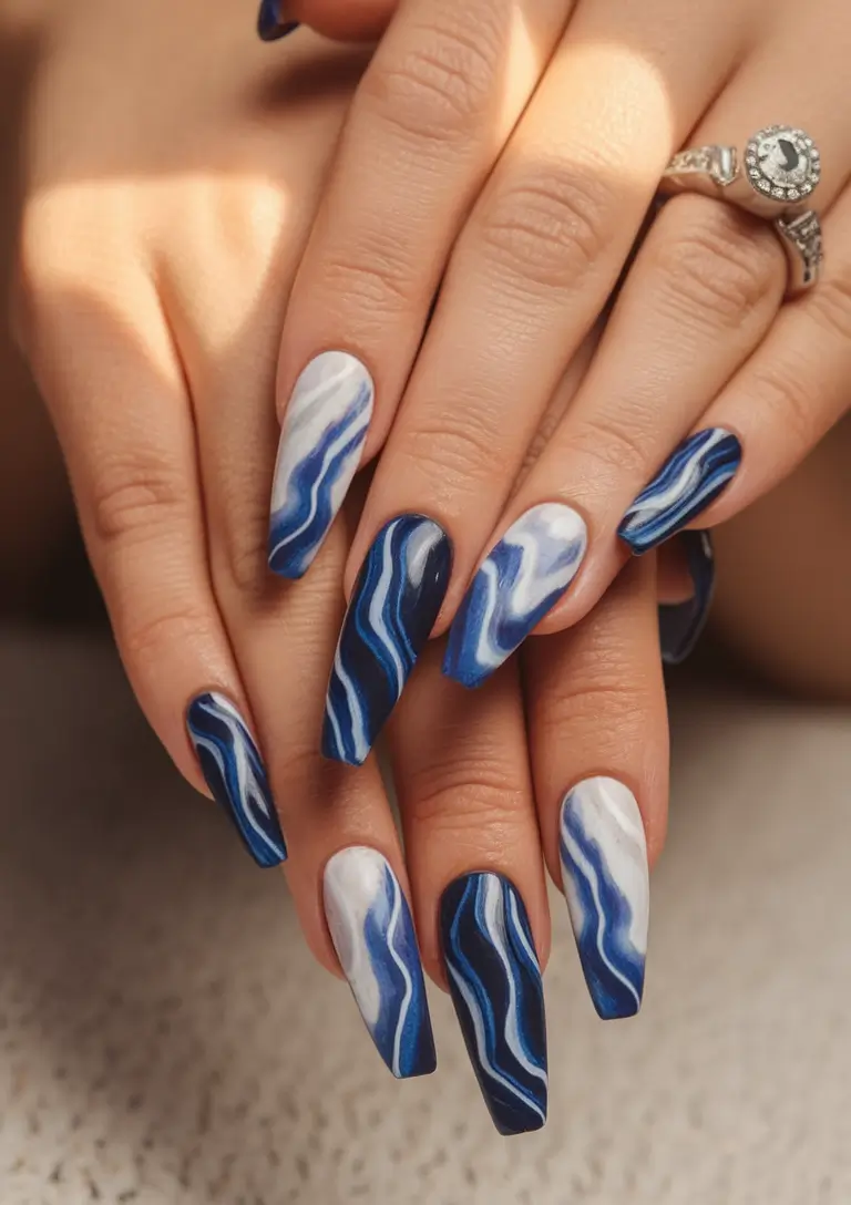 labor day nails 2025 Electric Blue Marble with a Cool Edge