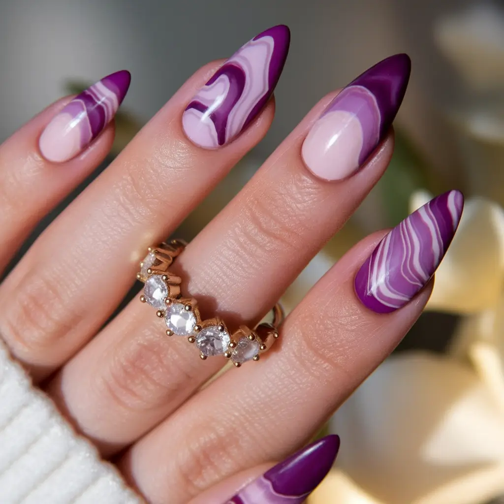 labor day nails 2025 Purple Marble Majesty