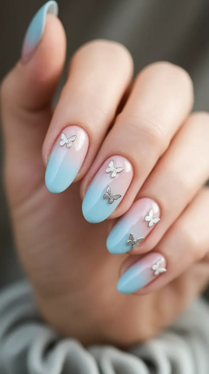 labor day nails 2025 Soft Blue Ombre with Butterfly Dreams