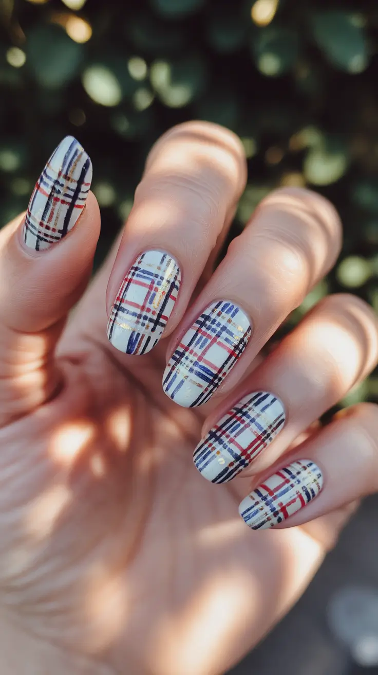 labor day nails 2025 Preppy Plaid with a Patriotic Twist