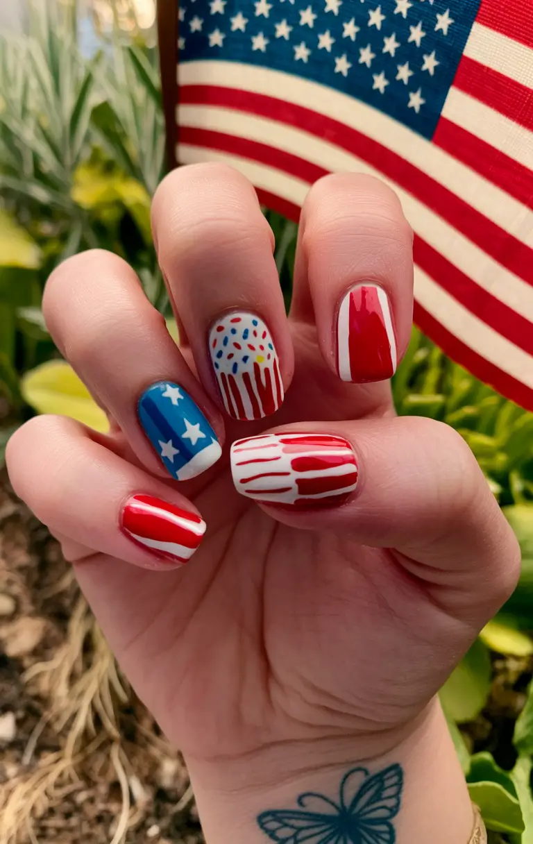 labor day nails 2025 Confetti Stars and Fireworks-Striped Fun
