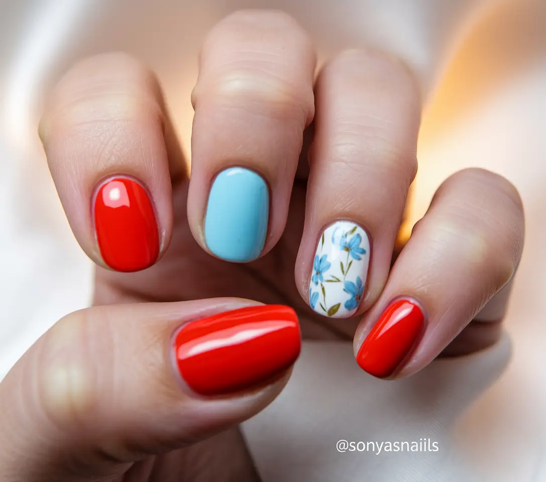 labor day nails 2025 Cherry Red Meets Sky Blue Florals