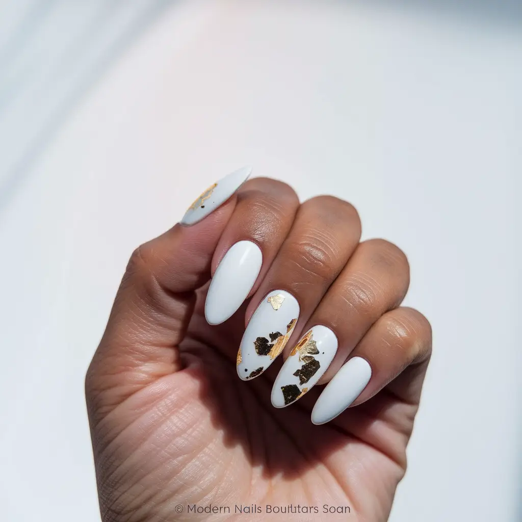 labor day nails 2025 White and Gold Elegance with a Luxe Finish
