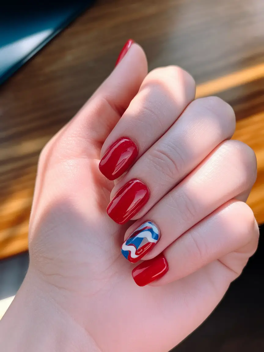 labor day nails 2025 Wavy Accent on Red Gloss Realness