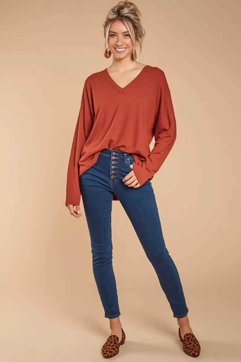 labor day outfits 2025 Classic Burnt Orange and Denim Ease