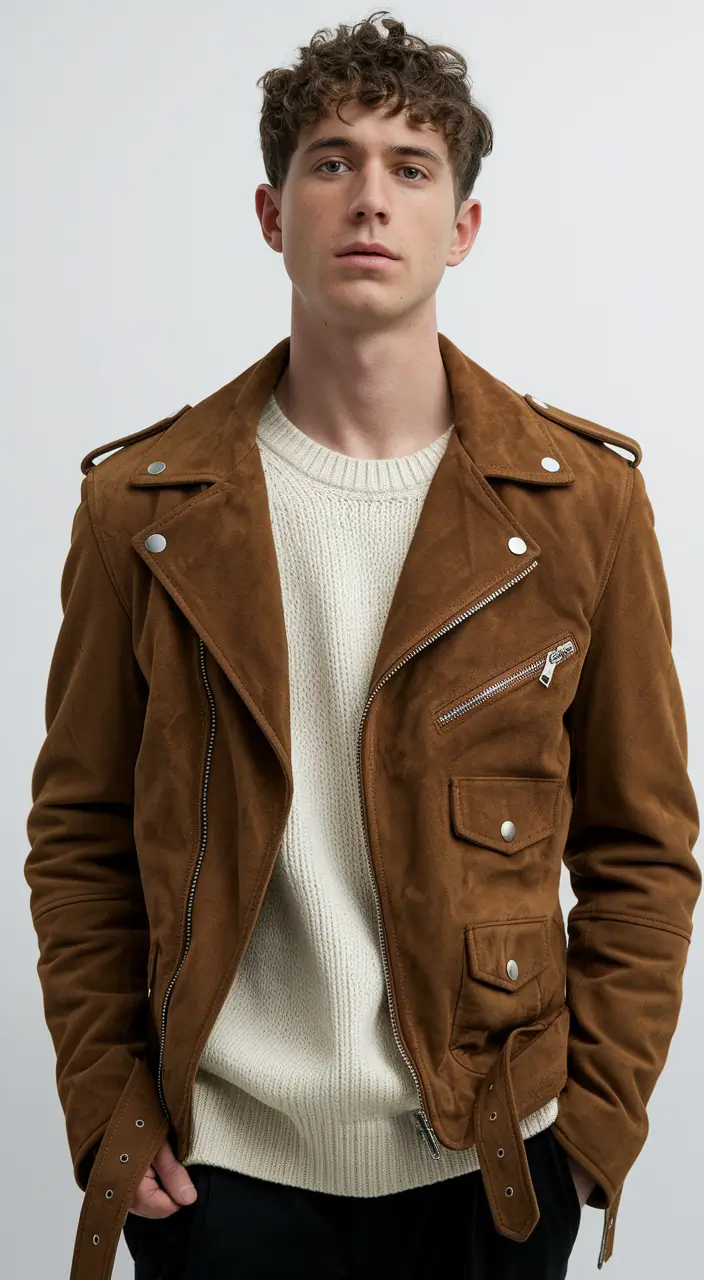 Men’s fall outfits inspiration for 2025 Suede Moto Meets Cream Knit Confidence