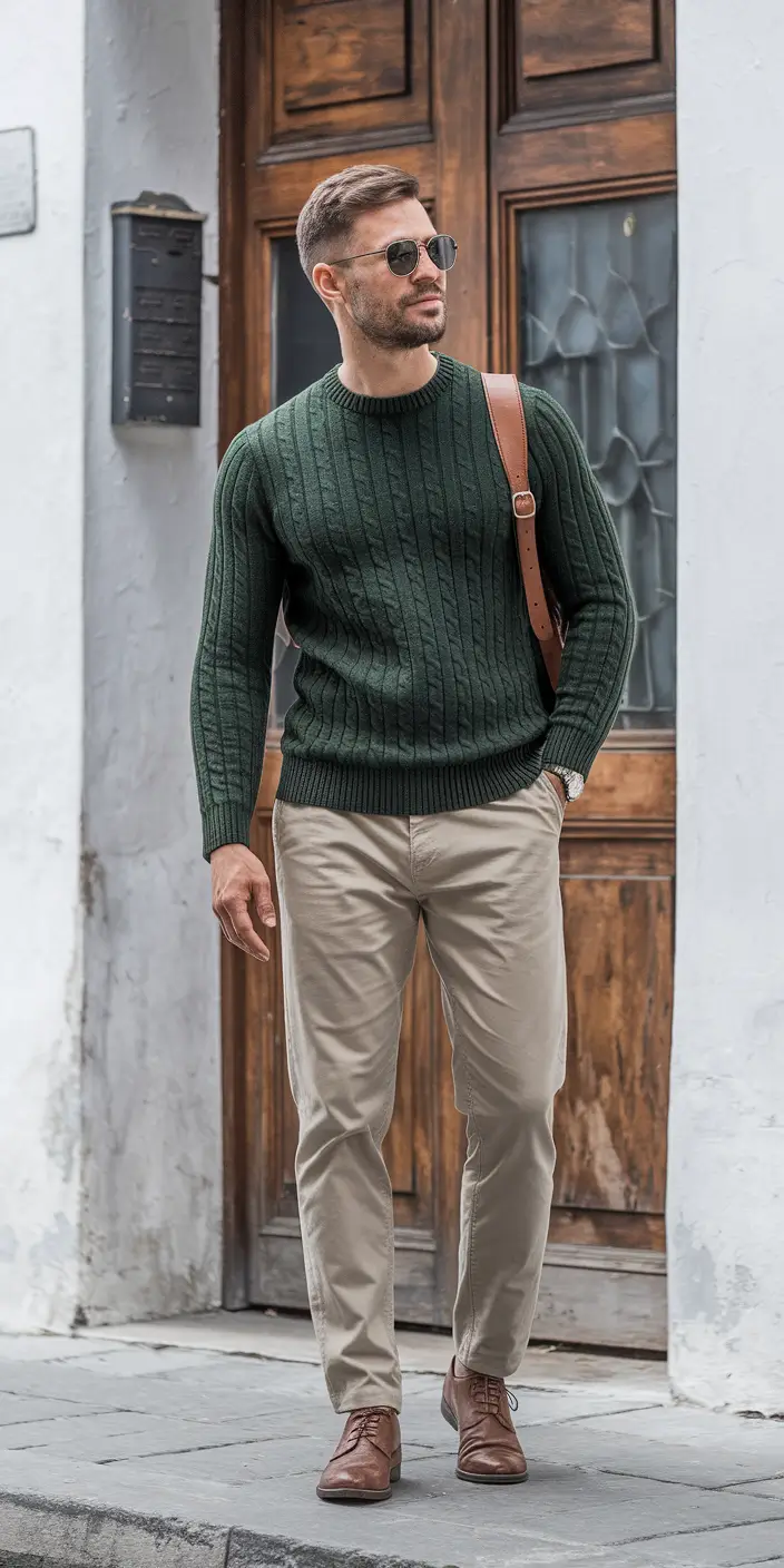 Men’s fall outfits inspiration for 2025 Rich Forest Knit & Sandstone Contrast