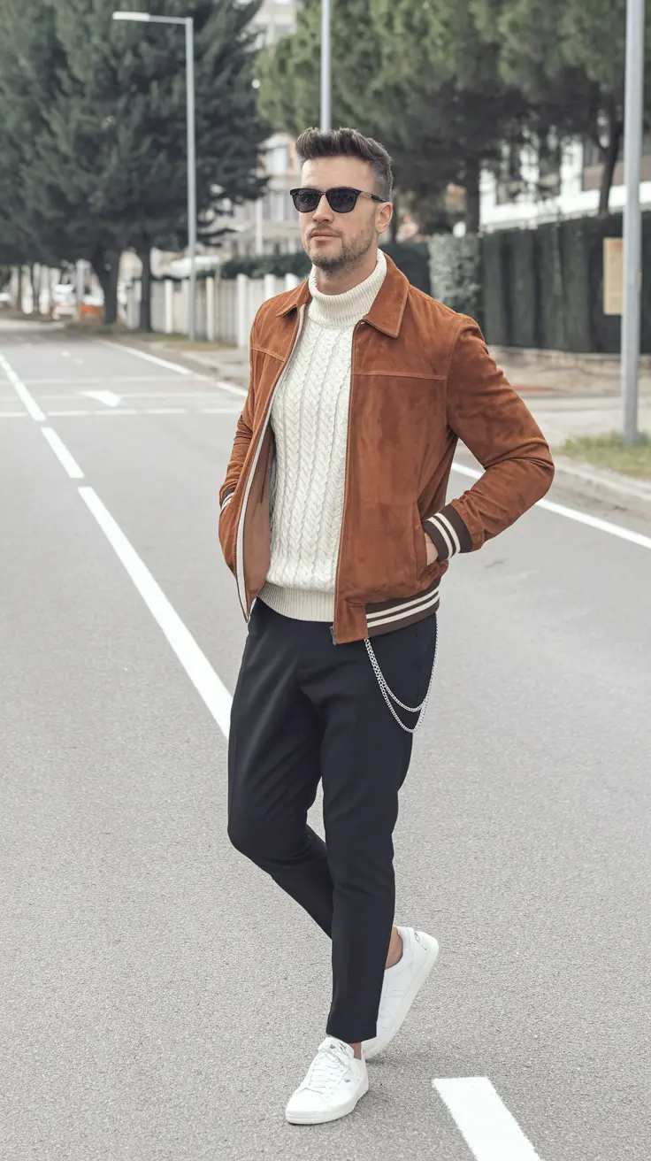 Men’s fall outfits inspiration for 2025 Rust Bomber & Modern Knit Minimalism