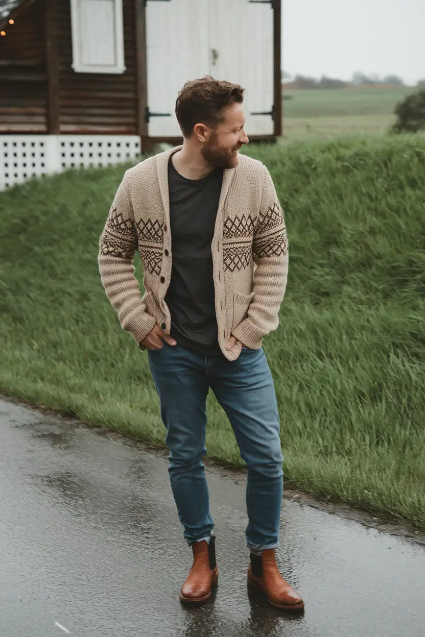 Men’s fall outfits inspiration for 2025 Nordic Knit With Rainy Day Denim