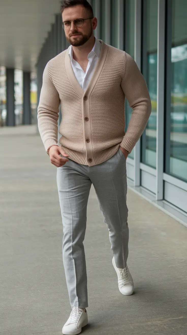 Men’s fall outfits inspiration for 2025 Beige Cardi & Cool Gray Sartorial Chill