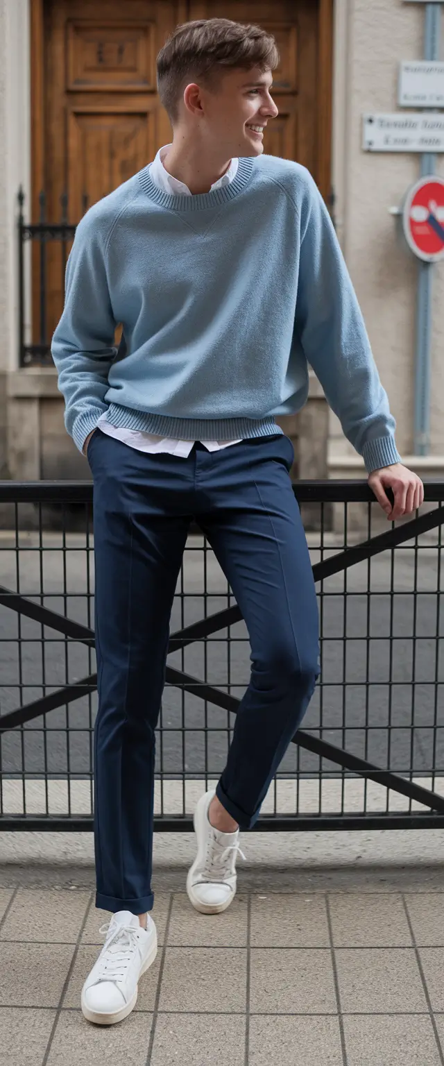 Men’s fall outfits inspiration for 2025 Sky-Blue Layers With Euro Café Ease
