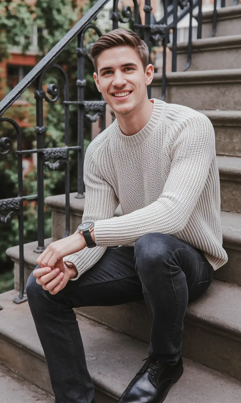 Men’s fall outfits inspiration for 2025 Chunky Ivory Knit & Urban Denim Balance