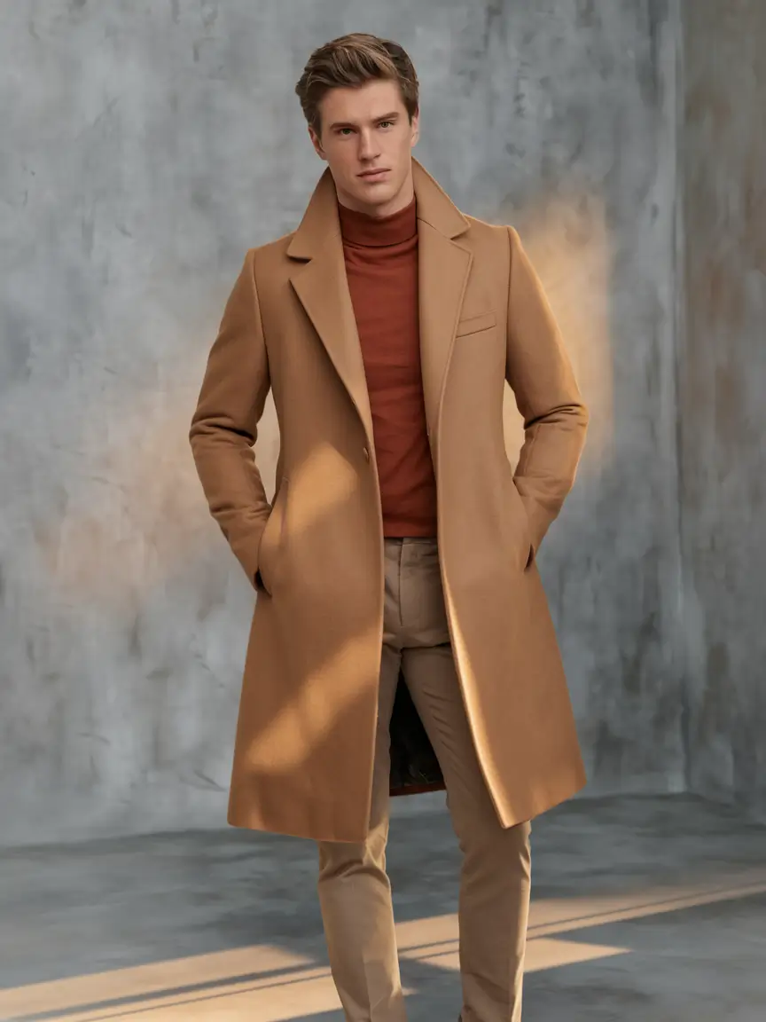 Men’s fall outfits inspiration for 2025 Camel Coat & Rust Turtleneck Elegance