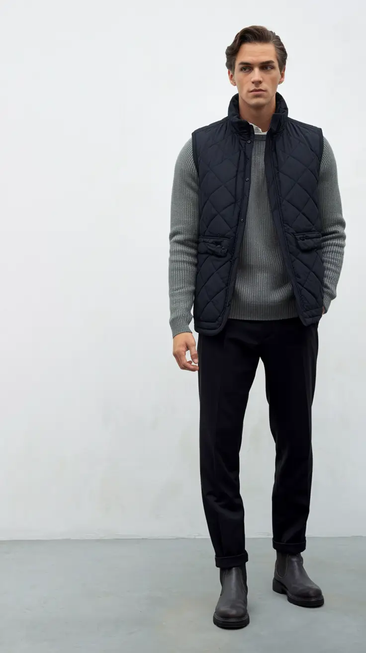 Men’s fall outfits inspiration for 2025 Quilted Vest & Greyscale Refinement