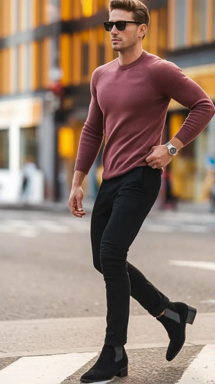 Men’s fall outfits inspiration for 2025 Dusty Rose Street Knit With Black Chelsea Energy