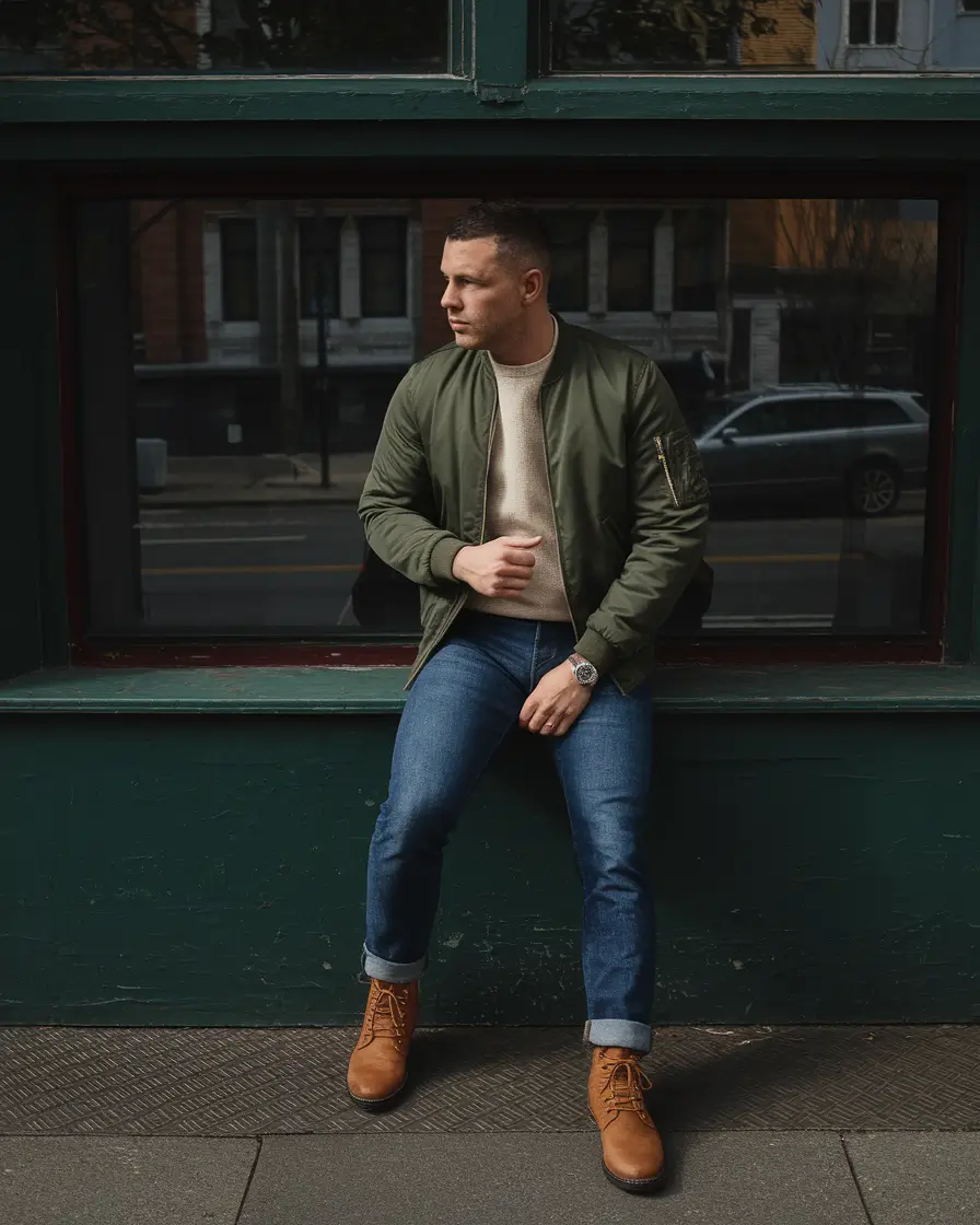 Men’s fall outfits inspiration for 2025 Olive Bomber And Rugged Denim Ease